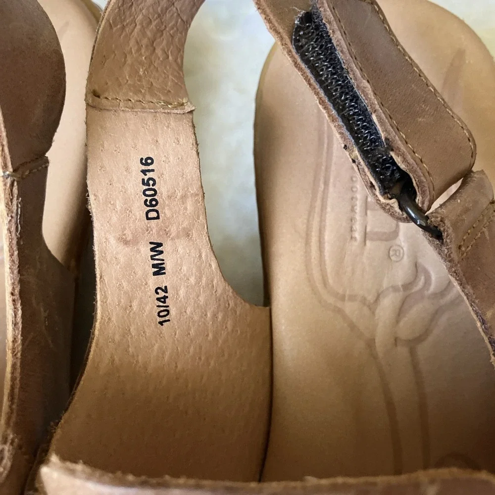 Born Womens Tan Leather Woven T-Strap Wedge Thong Sandals Size 10 M/W D60516‎